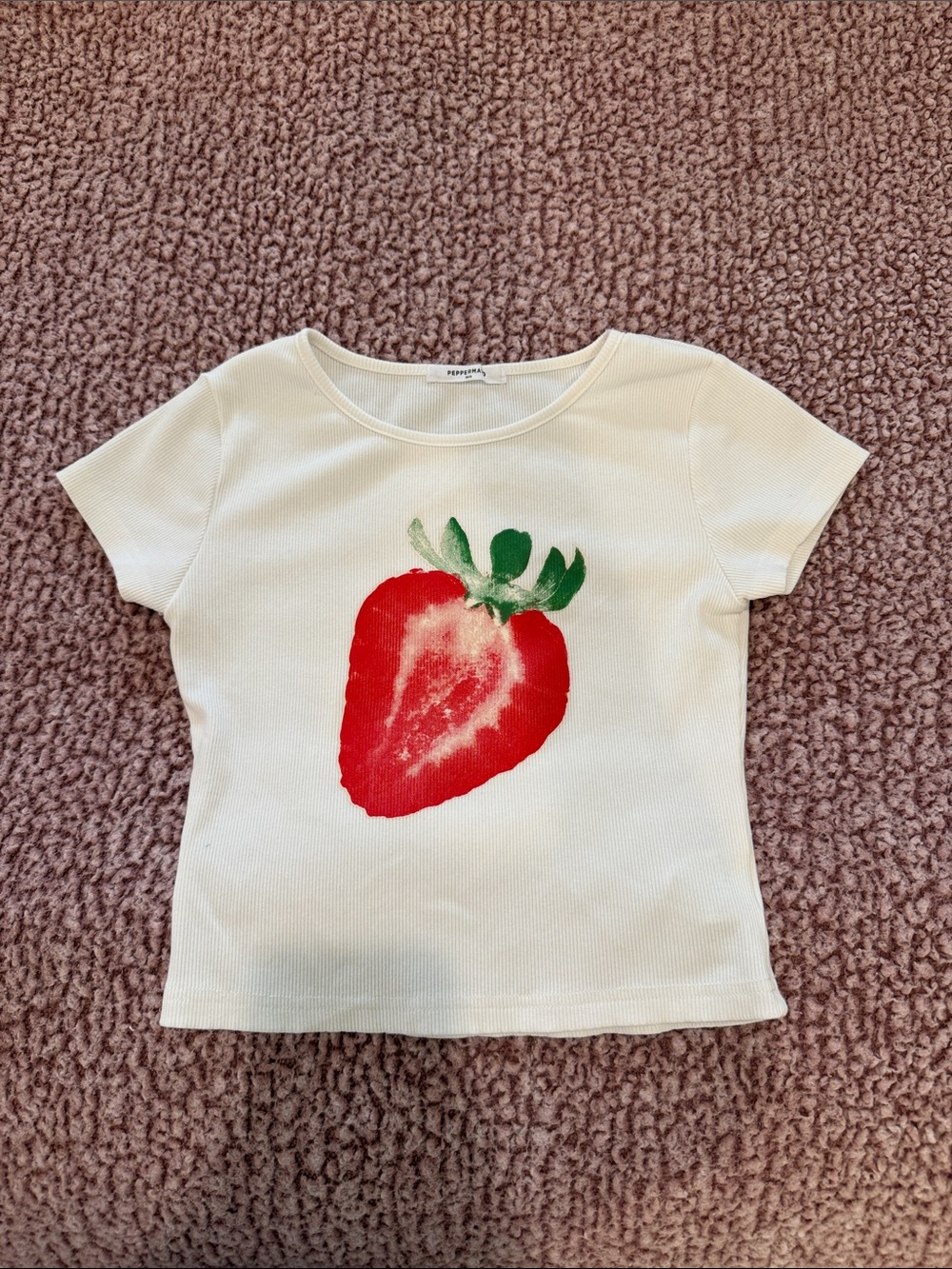 Peppermayo Cream Short Sleeve Tee with Red Strawberry Graphic